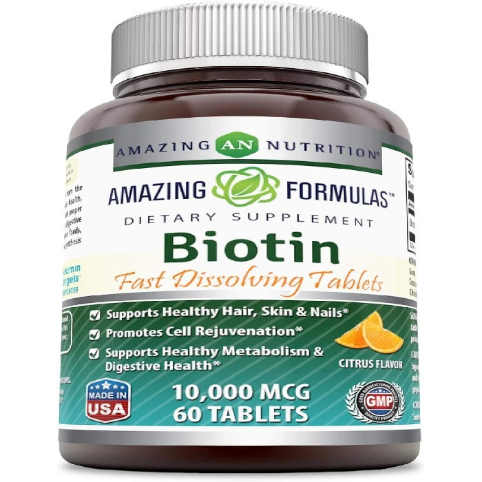 Amazing Formulas Biotin Fast Dissolving 10000 Mcg Tablets, Citrus Flavor -Supports Healthy Hair, Skin & Nails -Promotes Cell Rejuvenation -Supports Healthy Metabolism, 60 Tablets, USA