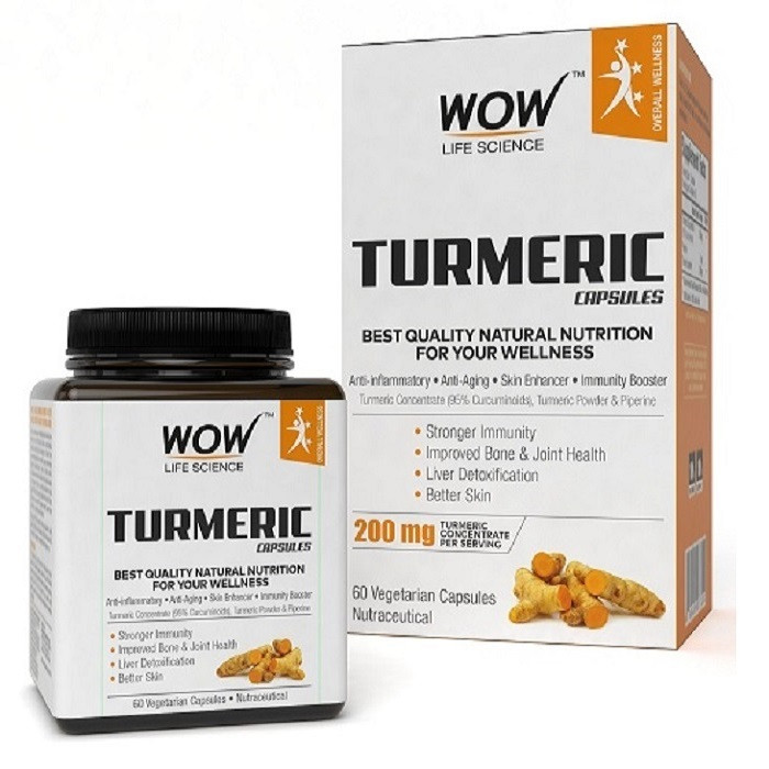 WOW Turmeric 200mg, Improve Bone & Joint Health, Liver Detoxification, 60 Vegetarian Capsules, India