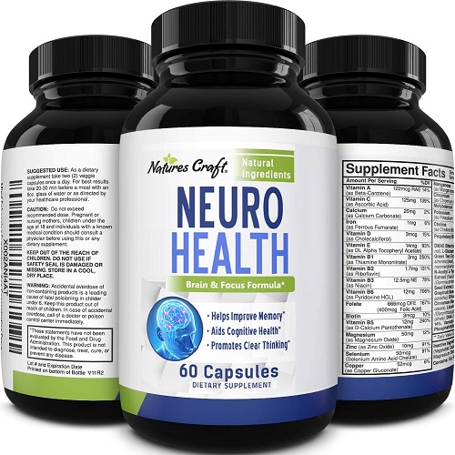 Natures Craft Brain Supplement support - Memory Booster for Mind Focus Reduce Anxiety, Nuero & IQ with Bacopa Monnieri L-Glutamine for Men and Women, 60 Capsules, USA