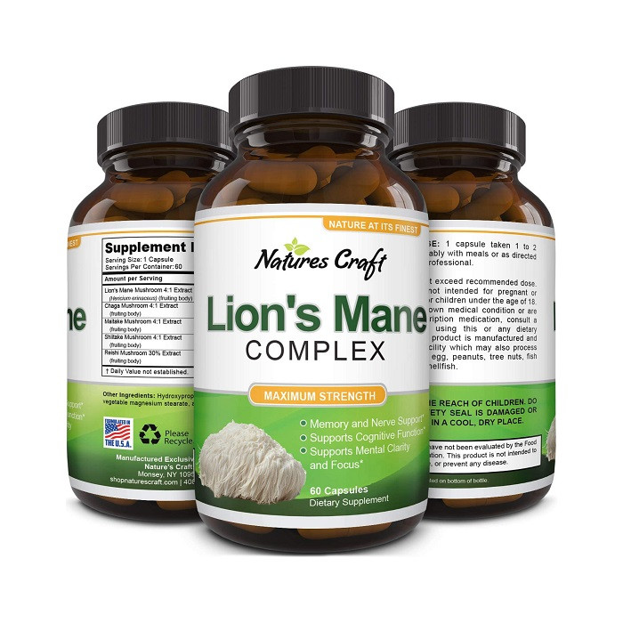 Natures Craft, Lions Mane Mushroom Complex - Immune System Booster and Brain Supplement for Focus, Energy, Memory & Clarity, best Nootropics, 60 Capsules, USA