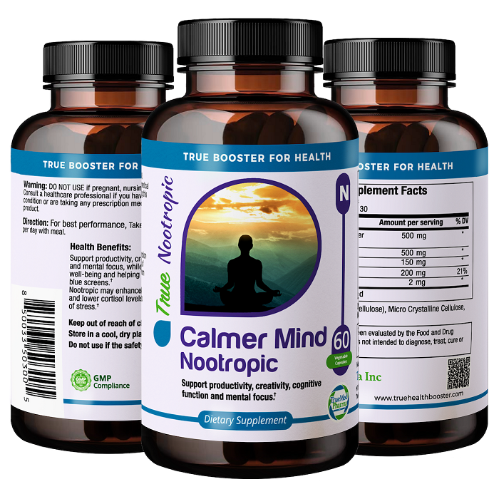 Calmer Mind Nootropic, Enhanced Brain Supplement Pills for Attention, Focus, Cognition and Memory Support - Once Daily, Gluten-Free, Non-GMO - 60 Vegetarian Capsules, USA