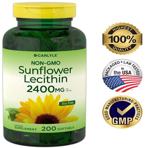 Carlyle Sunflower Lecithin 2400mg, Rich in Phosphatidyl Choline, Improves cholesterol levels & lowers Blood Pressure, 200 Softgels, USA