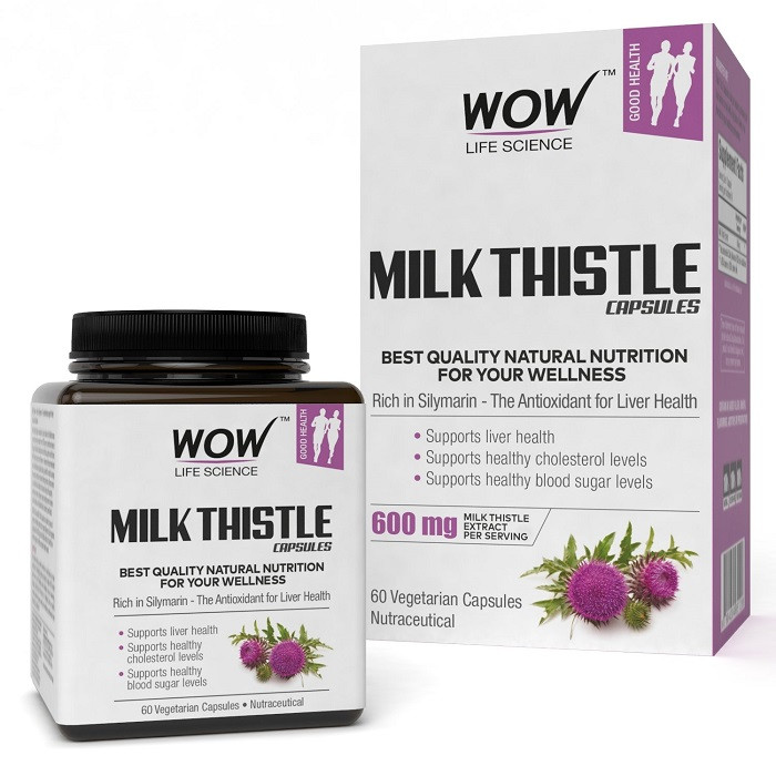 WOW Life Science Milk Thistle- 600mg, Flushing out toxins from body, Liver Health Support, Antioxidant Support, healthy blood sugar levels, cholesterol levels, - 60 Vegetarian Capsules, India