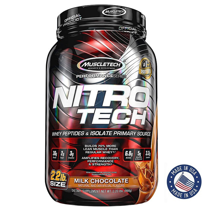 MuscleTech, Nitro Tech Whey Protein Powder, Whey Protein Isolate & Peptides  Milk Chocolate Flavors, 2.2 lb, 998gram,