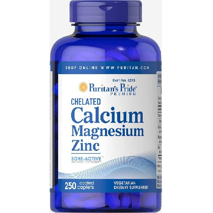 Puritans Pride Chelated Calcium Magnesium Zinc Caplets, supports Immune function, Bone health, Bone density supplement, 250 Count, USA