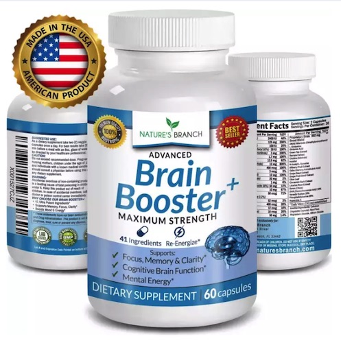 Advanced Brain Booster Supplements - 41 Ingredients Memory Focus & Clarity Vitamins, supercharge Concentration, Mental alertness & Memory power,  60 capsules, USA