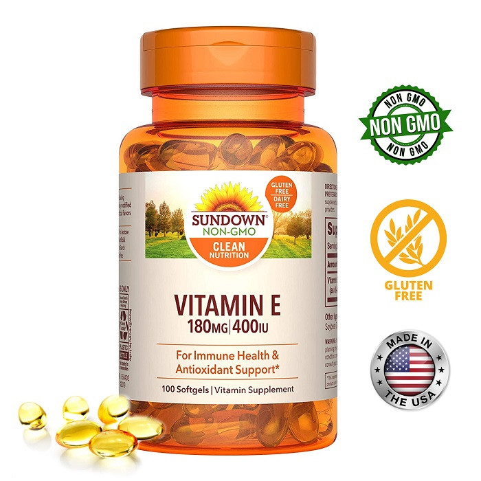Sundown Vitamin E 180mg 400IU,  Immune Support, Gluten-Free, Dairy-Free, Non-GMO, 180mg 400IU Softgels, 100 Count, USA