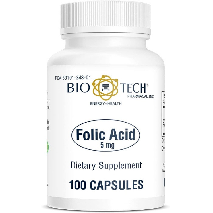 Bio-Tech Pharmacal Folic Acid 5mg, support cardiovascular and bone health by balancing homocysteine metabolism 100 Count, USA