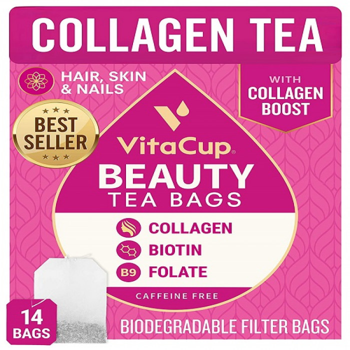 VitaCup Beauty Tea Bags Caffeine Free, Collagen, Biotin, Vitamins for Hair Skin and Nails in Sealed Single Serve Tea Sachet Bag, maintain envious Skin, Hair, & Nails, 14 Count, USA