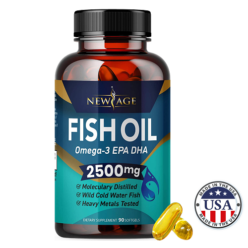 New Age Omega 3 Fish Oil 2500mg Supplement, Immune & Heart Support, Promotes Joint, Eye, Brain & Skin Health, Non GMO- 900mg EPA, 600mg DHA, Fatty Acids, Gluten Free, 90 count - USA