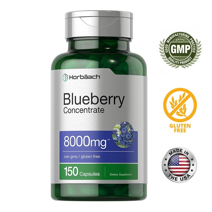 Horbaach Blueberry Extract 8000 mg, help in boosting Immunity & can reduce the risk of Diabetes, Obesity and Heart diseases, improve brain function, Antioxidant , 150 Capsules, USA
