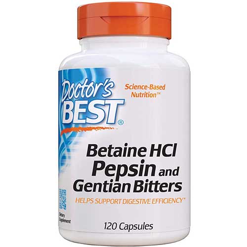 Doctor's Best Betaine HCI Pepsin & Gentian Bitters, Digestive Enzymes for Protein Breakdown & Absorption, Non-GMO, Gluten Free, 120 Caps, USA