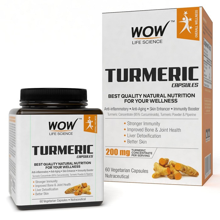 WOW Turmeric 200mg, Improve Bone & Joint Health, Liver Detoxification, 60 Vegetarian Capsules, India