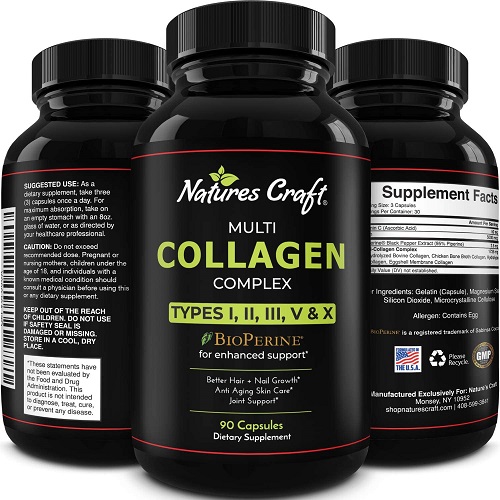 Natures Craft Multi Collagen, Type 1 2 3 5 & 10. Multi Collagen Capsules with Hair Skin and Nails Vitamins - Hydrolyzed Collagen Supplementsfor Women and Men, 90 Capsules, USA