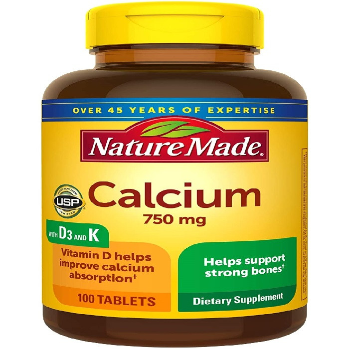 Nature Made Calcium 750 mg Tablets, Vitamin D and K, Support Strong Bones & reduce risk of osteoporosis, 100 Count -100 count, USA