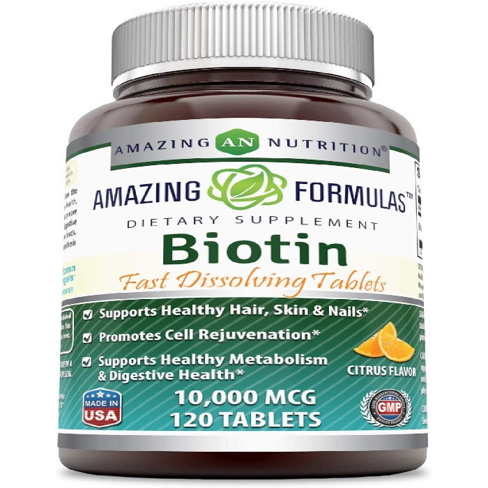 Amazing Formulas Biotin Fast Dissolving 10000 Mcg Tablets, Citrus Flavor -Supports Healthy Hair, Skin & Nails -Promotes Cell Rejuvenation -Supports Healthy Metabolism, 120 Tablets, USA