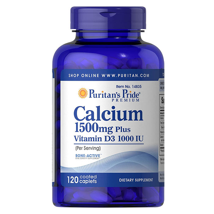 Puritan's Pride Calcium 1500mg with Vitamin D 1000 IU-120 Coated Caplets, Contributes to Bone strength and well-being, 120 Count, USA