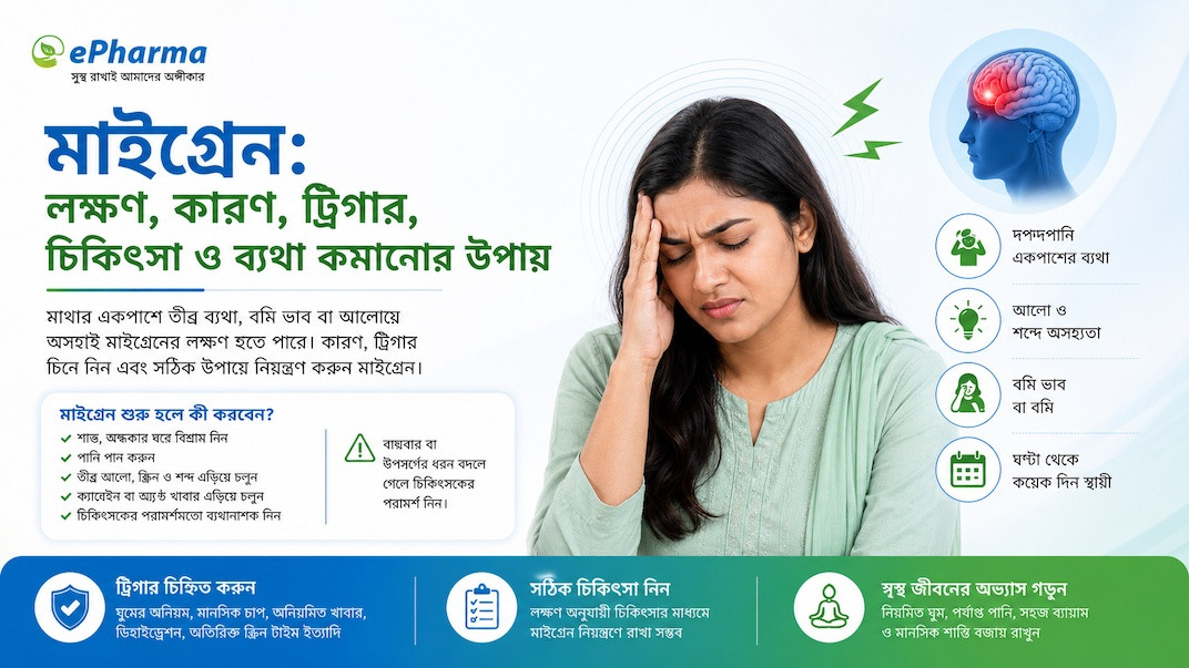 মাইগ্রেন: লক্ষণ, কারণ, ট্রিগার, চিকিৎসা ও ব্যথা কমানোর উপায়