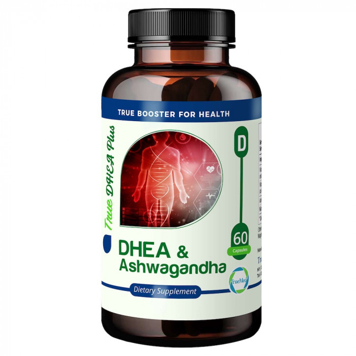 TrueMed DHEA and Ashwagandha Root Powder Capsules, 385 mg, Promote Hormonal Balance, Enhance Energy, Support overall Well-being, Natural supplement, 60 Capsules, USA