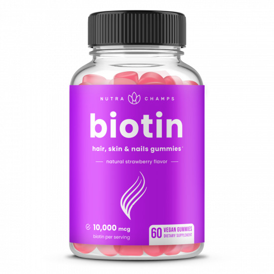 NutraChamps Biotin 10,000 mcg for Hair Growth, Skin Glow & Strong Nails, 60 Gummies | USA Made