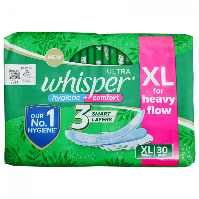 Whisper Ultra Clean Sanitary Pads XL Wings 30's Pack