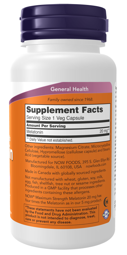 Now Melatonin Maximum Strength 20mg Healthy Sleep Cycle, Free Radical Scavenger, Gastrointestinal Support, 90 Capsules - Buy Online in Bangladesh | ePharma
