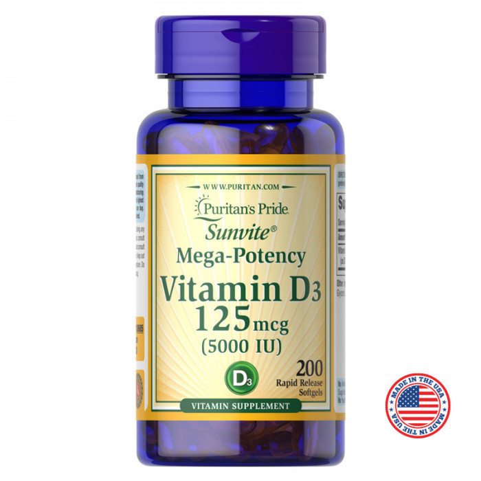 Puritan's Pride Vitamin D3 125 mcg (5000 IU) 200 Softgels, USA