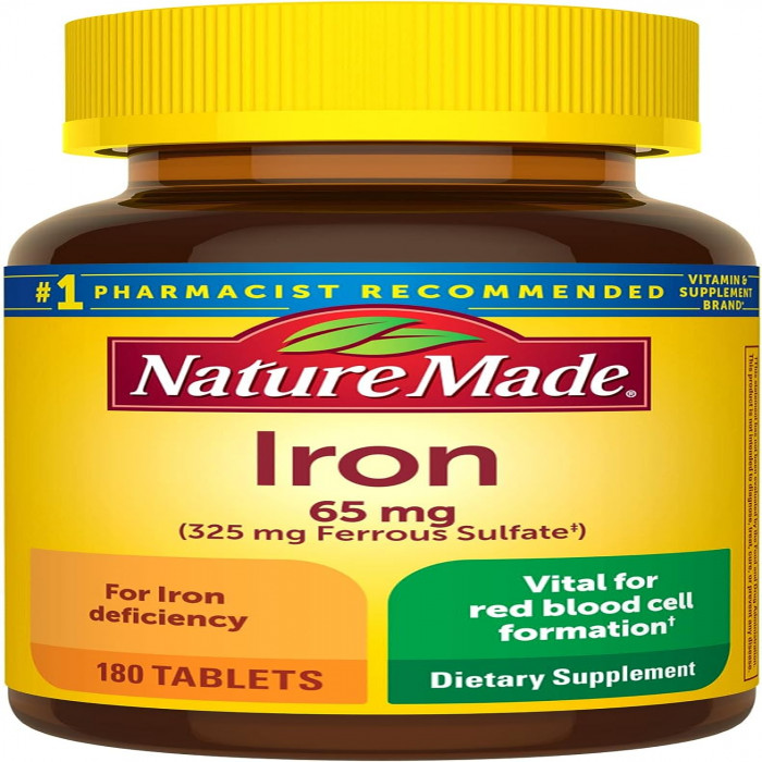 Nature Made Iron 65 mg (325 mg Ferrous Sulfate) Tablets, Dietary Supplement for Red Blood Cell Support, 180 Tablets, USA