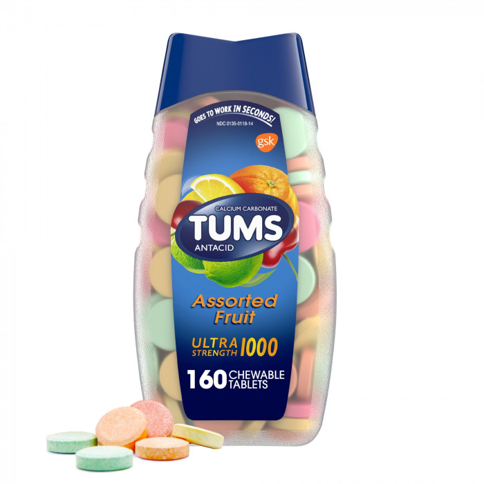 TUMS Antacid Ultra Strength 1000 Assorted Fruit for Heartburn Relief, 160 Chewable Tablets