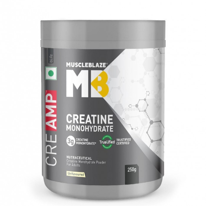 MuscleBlaze Creatine Monohydrate, Enhances Muscle Volume, Increase Protein, Increase Muscles, Strength, Power, Increase Body Muscles, USA Certified Creatine (Unflavoured, 250 gm, 83 Servings)