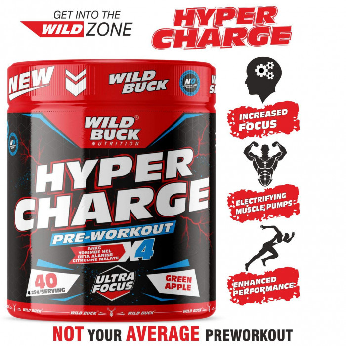 WILD BUCK Wild Pre-X4 Hardcore Pre-Workout Supplement 100gram powder with Creatine Monohydrate, Arginine AAKG, Beta-Alanine, Explosive Muscle Pump -For Men & Women 40 Servings, Green Apple
