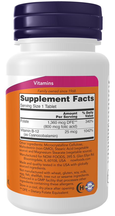 Now Folic Acid 800mcg with Vitamin B-12 Tablets, Supports Healthy Homocysteine Metabolism - Buy Online in Bangladesh | ePharma