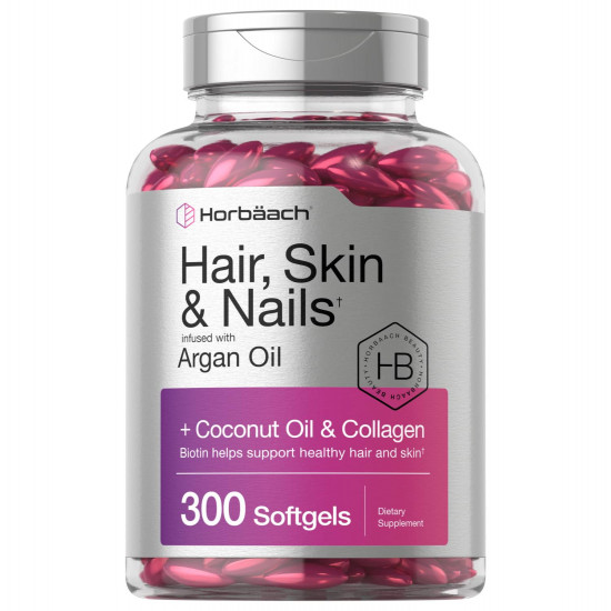 Horbaach Hair Skin and Nails Infused with Argan Oil, Coconut Oil, Biotin and Collagen 300 Softgels