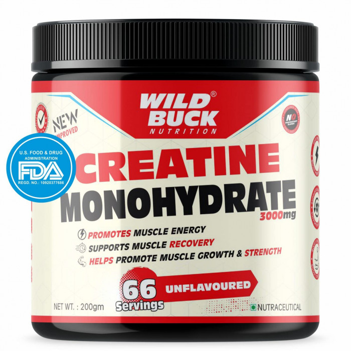 WILD BUCK Creatine Monohydrate, 200gram [66 Servings,Unflavoured Powder], Strength, Reduce Fatigue, 100% Pure, Lean Muscle Building, Supports Muscle Growth, Athletic Performance, Recovery Ene