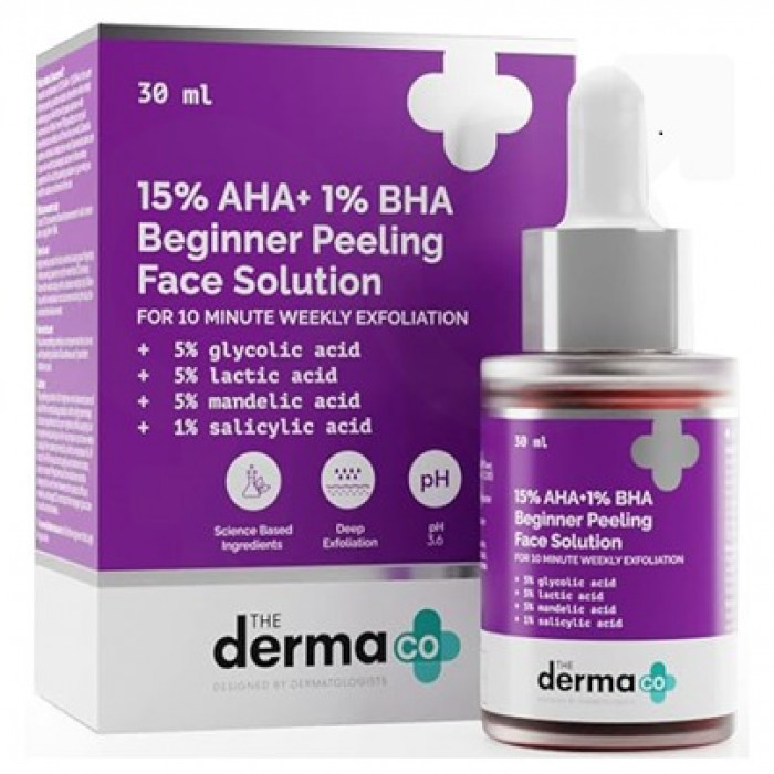 The Derma Co 15% AHA + 1% BHA Beginner Repairing, Radiant Skin, Exfoliating, Removes Impurities Face Peeling Solution for 10-Minute Weekly Exfoliation - 30ml(dermaco) Made By India