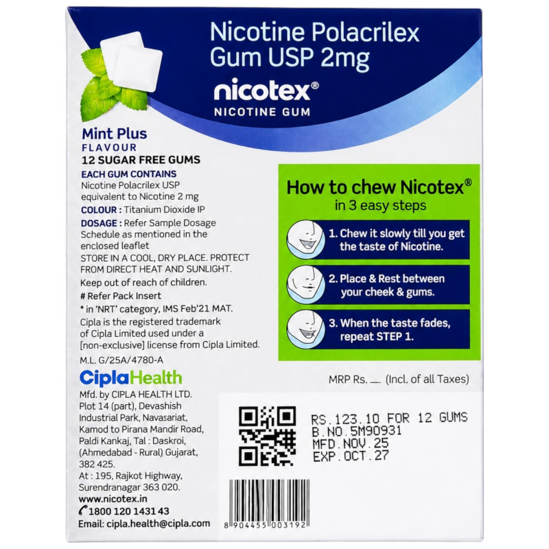 Nicotex Nicotine Chewing Gum Mint Flavor 2mg - 12Pcs - Buy Online in Bangladesh | ePharma