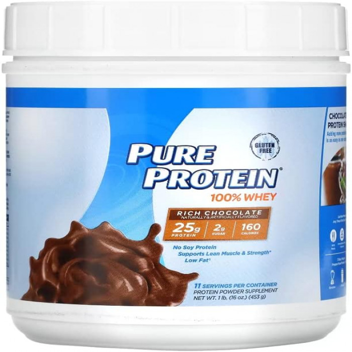 Pure Protein Powder, Whey, High Protein, Low Sugar, Gluten Free, Rich Chocolate, 453 gram, Made in USA