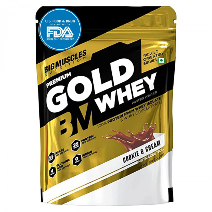 Bigmuscles Nutrition Premium Gold Whey 500g Whey Protein Isolate Blend | USA FDA REGD. BRAND| 25g Protein Per Serving, Flavour -Cookie & Cream