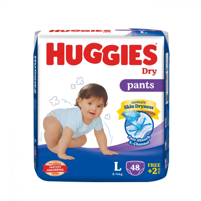 Huggies Dry Pants Baby Diapers, L-Size, 9-14kg, 48pcs+2 Free Diaper