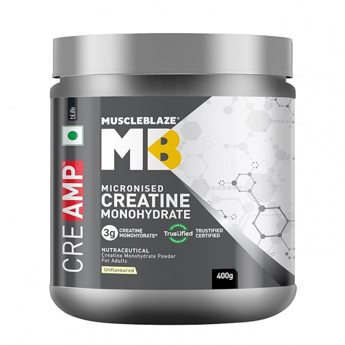 MuscleBlaze Creatine Monohydrate, Trustified Certified Creatine (Unflavoured, 400g, 129 Servings), enhanced levels of Stamina, Strength, Endurance, Metabolism, Energy, Enhancement of Neurons