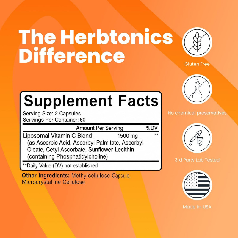 Herbtonics Liposomal Vitamin C Capsules 1500mg Immune Support Supplement | Immune System Health | High Absorption Vitamin C | Collagen | 120 Vegan - Buy Online in Bangladesh | ePharma