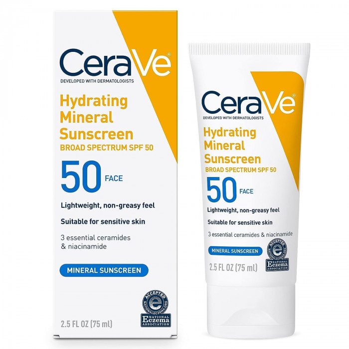 CeraVe Hydrating Mineral Face Sunscreen for Sensitive Skin, 75ml Tube, SPF 50