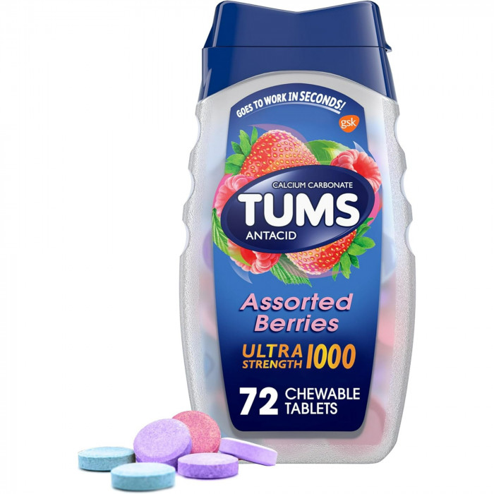 TUMS Antacid Ultra Strength 1000 Assorted Berries for Heartburn Relief, 72 Chewable Tablets
