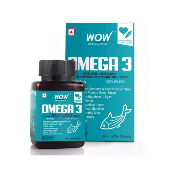 Wow Life Science Omega-3 1500mg, with Fish oil - EPA + DHA Enriched- 60 Capsules