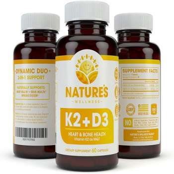 Natures wellness, Vitamin K2 (mk7) with D3 Supplement for Best Absorption - 2-in-1 Support for Heart Health and Strong Bones, Vitamin D & K Complex, D3 5000 IU + K2 100 mcg, 60 Count, USA