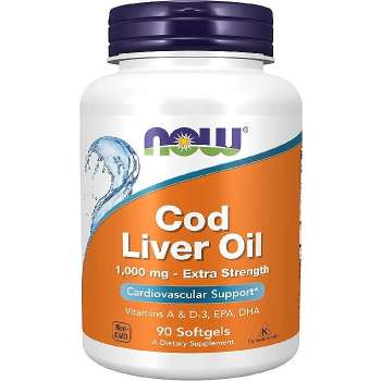 Now Cod Liver Oil 1000 Mg, supports Cardiovascular health, may help to Curb Joint pain & Stiffness, may help to fight disease & Inflammation, Excellent source of Vitamins A & D, 90 Softgels,