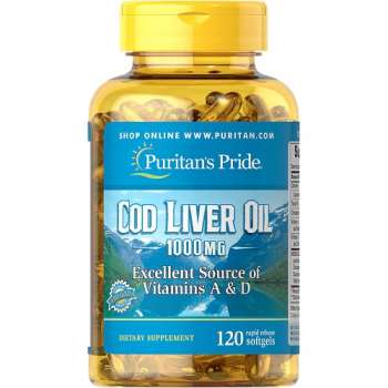 Puritans Pride Cod Liver Oil 1000 Mg, supports Cardiovascular health, may help to Curb Joint pain & Stiffness, may help to fight disease & Inflammation, Excellent source of Vitamins A & D, 12