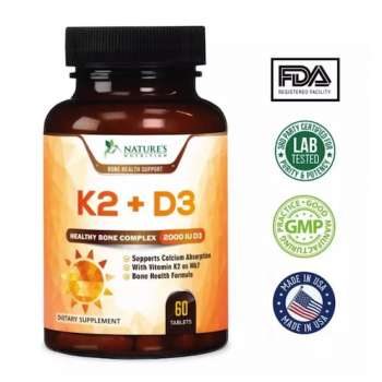 Natures Nutrition Vitamin K2 with D3, Supports Strong Bones, Blood flow and Immune System, Chewable for Better Absorption, 60 Tablets, USA