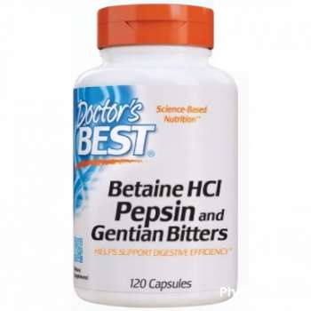 Doctor's Best Betaine HCI Pepsin & Gentian Bitters, Digestive Enzymes for Protein Breakdown & Absorption, Gluten-Free, 120 Caps, USA