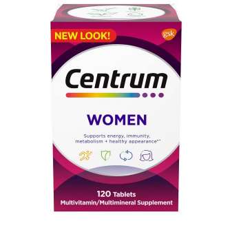 Centrum Multivitamin for Women, Multivitamin/Multimineral Supplement with Iron, Vitamin D3, B Vitamins and Antioxidant Vitamins C and E, Gluten Free, Non-GMO Ingredients, 120 Count, USA